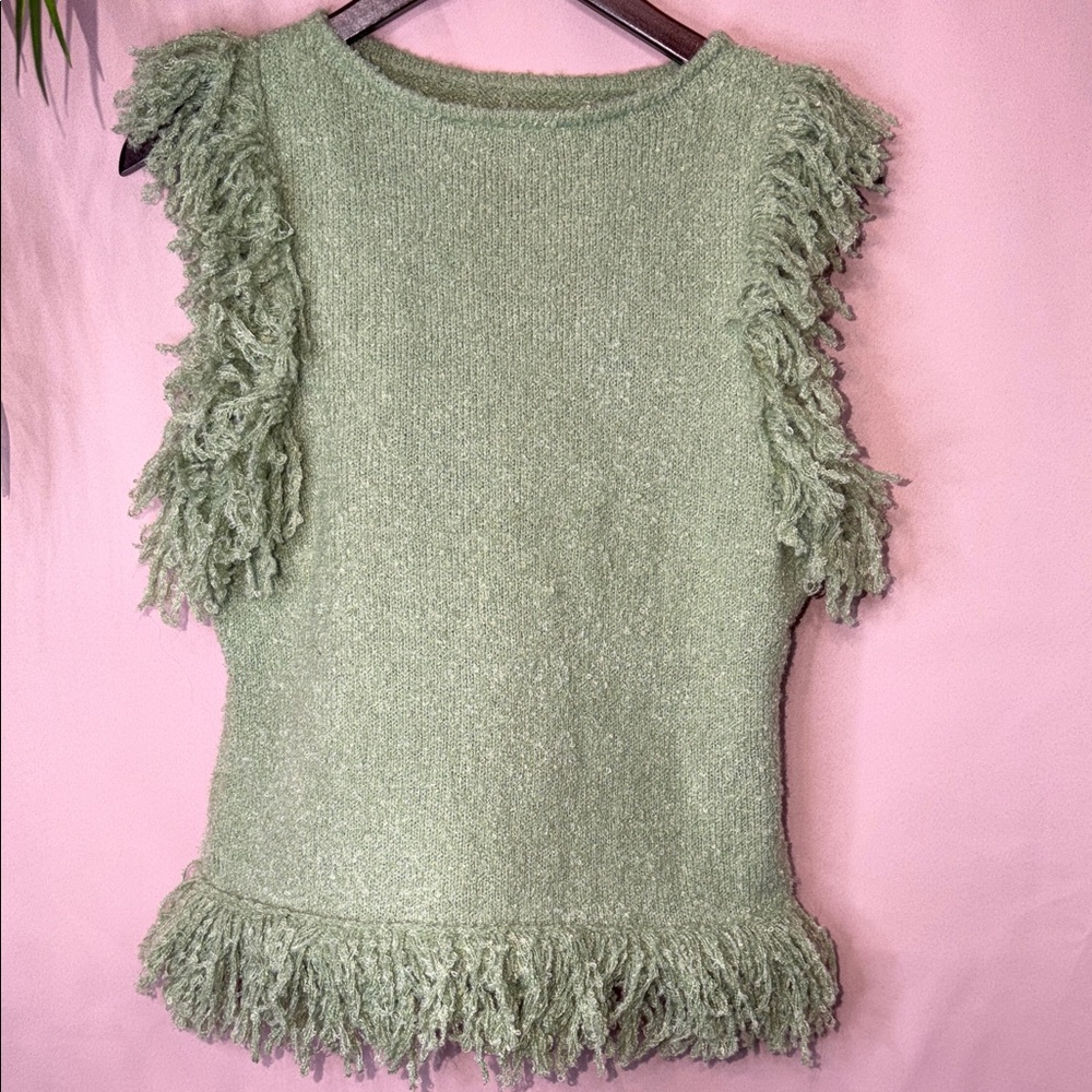 Fringe Knit Sleeveless Top in Light Green Minimal Blogger Style